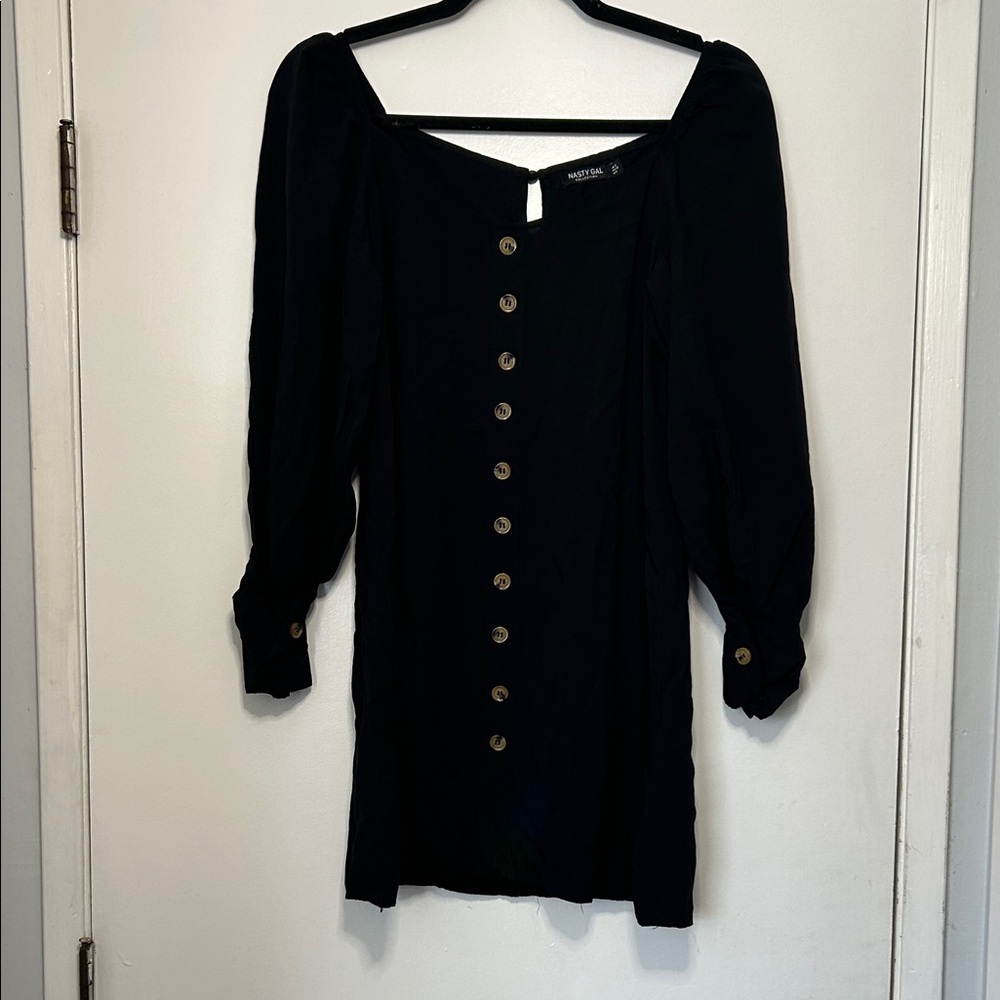 Nasty Gal Black Long Sleeve Mini Dress with Button Detail 100% Cotton Size 8